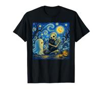 Esqueleto Hugging Cat Van Gogh Halloween Ghost Starry Night Camiseta