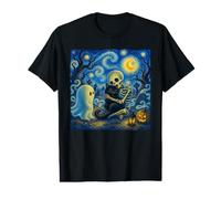 Esqueleto Hugging Cat Van Gogh Halloween Ghost Starry Night Camiseta gráfica económica