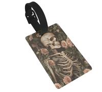 Esqueleto humano con etiquetas de equipaje de flores, etiqueta de identificación de nombre, etiquetas de maleta, ideal para viajes, cruceros, mochilas