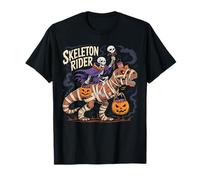 Esqueleto Montando Momia Dinosaurio T rex Halloween Calabaza Camiseta
