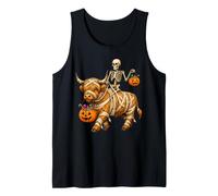 Esqueleto Montando Momia Highland Cow Halloween Truco o Trato Camiseta sin Mangas