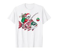 Esqueleto Santa Montando Pescado Pesca Pesca Camiseta gráfica económica, Hombre, Blanco, S
