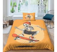 Esqueleto Wearing An Orange Hat Jumping on A Skateboard Juego De Ropa De Cama con Fundas De Almohada,3D Microfibra Funda Nórdica Suave Transpirable,Adecuado para Niños Y Niñas Single(135x200cm)