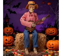 Esqueletos de banjo de Halloween de 39 pulgadas, decoraciones de esqueleto animadas espeluznantes con activación por movimiento/tacto