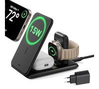 ESR Cargador Inalámbrico 3 en 1 para iPhone 17e/17/16/15/14/13/12 | 15W Base Cargador para iPhone y Apple Watch Plegable, Estación de Carga MagSafe, para Watch/AirPods, Negro