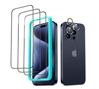 ESR Protector Pantalla iPhone 15 Pro Set, 3 Protector Pantalla Cristal Templado y 1 Set Protector Individuales Lentes, Bordes Curvos 2.5D, Grado Militar, Cobertura Total, Resistente Arañazos