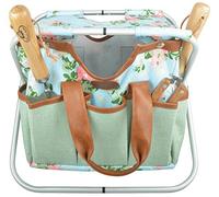 Esschert Design Silla de jardín de yute con estampado de rosas, 40 x 31 x 31 cm, con numerosos bolsillos, plegable, con correa de transporte