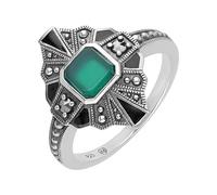 Esse Anillo Art Deco de marcasita de plata de ley con esmalte negro, calcedonia verde y marcasita, Piedra preciosa., Marcasita