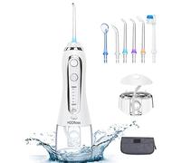 ESSEASON Irrigador Bucal Portátil Profesional - Multifuncional 300ml Irrigador Dental, 5 Modos 6 Boquillas, Tanque de Agua Extraíble, IPX7 Impermeable para Limpieza Dental, Ideal para Viaje(Blanco)