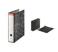ESSELTE 46959 -Pack 10. Archivadores de palanca cartón jaspeados con cantonera Folio. Lomo 75 mm color negro +Cajetines de cartón para archivadores, Tamaño folio, Negro, 624149