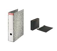 ESSELTE 46989 Pack 10 Archivadores de palanca cartón jaspeado con cantonera Folio. Lomo 75 mm color gris + 10 Cajetines de cartón para archivadores, Tamaño folio, Negro, 624149