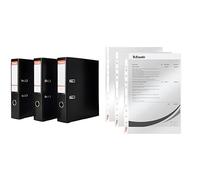 Esselte 624294 - Archivador anillas (Capacidad 550 hojas, 3 uds), negro, 75 mm + Esselte 13089 Economy - Fundas de plástico para documentos (DIN A4, 100 unidades, polipropileno), transparentes