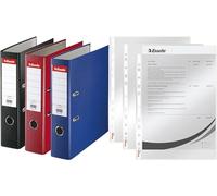 Esselte 628327 - Archivador anillas (Capacidad 550 hojas, 3 uds), colores surtidos, 75 mm + Esselte 13089 Economy - Fundas para documentos (DIN A4, 100 unidades, polipropileno), transparentes