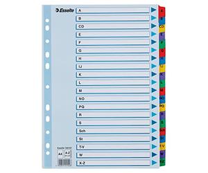 Esselte A4 Índice A-Z, Pestañas Reforzadas con Mylar y Orificios, Cartón Resistente, Azul, 20 Pestañas con Carátula de Índice, 100167