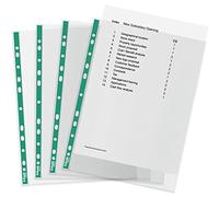 Esselte Bolsillos perforados A4, 200 bolsillos de poliéster, 34 micras de grosor, bolsillos A4 en relieve con lomo verde reforzado perforado, ideal para archivadores de palanca y carpetas de anillos