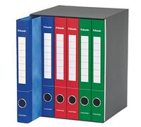 Esselte Essentials - Archivadores de 2 anillas redondas con etiqueta, carpeta de documentos A4 con solapa de cierre adicional, orificio de agarre, 25 x 33 cm, lomo 4 cm, surtido azul, rojo y verde