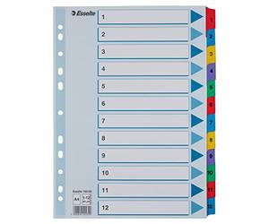 Esselte Índices Numéricos de Cartón Mylar, Tamaño A4, Tipo 1-12, Multicolor, 100162