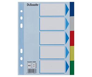 Esselte Separadores A5, 20 unidades, cada portada y 5 separadores con pestañas, multicolor, plástico resistente, 15264