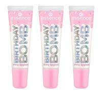 essence BIRTHDAY BOMB brillo labios, Nº 01, Transparente, natural, brillante, radiante fresco, con brillo, vegano, sin parabenos, sin micropartículas de plástico, libre de nanopartículas, pack de 3
