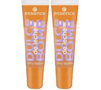 essence DULCE de leche BOMB shiny lipgloss 01 Cream Come True, brillo labial marrón, destellos dorados, aroma dulce, no pegajoso, brillo suave, 10 ml (Paquete de 2)