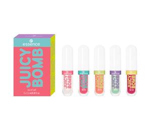 essence JUICY BOMB lip oil set 01, Aroma afrutado | Set de aceites labiales nutritivos, Acabado ultrabrillante con vitamina E y aceite de jojoba, Cosmética vegana, 5 x 2,4 ml