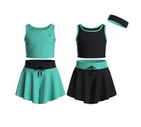 Essenclo Flowy Girls Butterfly Shorts Skirts w/Pockets & Athletic Sleeveless Tank Tops, Dance Tennis Cheer Running (5pc Set) - E2106 - Set-2-15-16