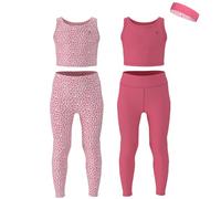 Essenclo Girls Athletic Leggings Yoga Pants w/Sleeveless Crop Tank Tops for Kids Workout Cheer Dance Run Sizes 3-16, 5pc Set - E2110 - Set-6-11-12