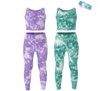 Essenclo Girls Athletic Leggings Yoga Pants w/Sleeveless Crop Tank Tops for Kids Workout Cheer Dance Run Sizes 3-16, 5pc Set - E2110 - Set-2-5-6