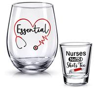 Essential AF - Copa de vino para enfermeras Need Shots Too Shot Glass Set de regalo, divertido regalo de vidrio para amigas para mujeres, hombres, hermanas, mamá, escuela de enfermería, estudiantes, graduación, fiesta de cumpleaños, día de enfermeras