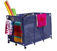Essentially Yours Soporte para fideos de piscina, juguetes, flotadores, pelotas y flotadores, equipo organizador de malla rodante, 50 x 32 x 36 pulgadas, XXL, malla azul/PVC azul