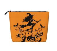 Esta bolsa de cosméticos de una sola capa con estampado de bruja voladora de Halloween cuenta con un diseño categorizado para almacenar tus instrumentos de escritura, suministros de arte y objetos