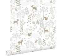 Esta Home papel pintado bosque con animales del bosque verde y rosa 53 cm x 10.05 m