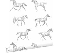 Esta Home papel pintado dibujo a pluma de caballos negro sobre blanco 53 cm x 10.05 m