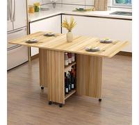 Esta Mesa de Comedor Plegable Que Ahorra Espacio Cuenta con 6 Ruedas y 2 estantes de Almacenamiento Abiertos, un Acabado de Madera y se Puede Plegar y Extender para Trabajar, estudiar y Come