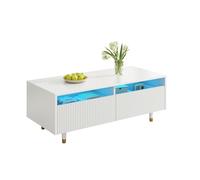 Esta moderna mesa de centro presenta una superficie ondulada con cajones, patas doradas y blancas, dos cajones y un diseño que cambia de color. También está disponible un mueble de TV a juego.