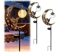 Estaca Solar De JardíN Con DiseñO De Colibrí Y Luna,DecoracióN Forma Media Luna Hierro Ave Impermeable,Con Globo Cristal Craquelado Colgante IluminacióN LED CáLida,Ideal Para Senderos,Patios,CéSpedes(