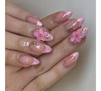 Estacas cortas de almendra falsa con margarita rosa, manicura francesa, profundidad floral, detalles florales, herramientas de negación necesarias, ABS resistente, profundidad floral, almendra falsa