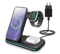 Estación Carga Inalámbrica para iPhone, Apple Watch y AirPods por MMOBIEL - 3 en 1 Soporte para Cargador Inalámbrico 15W para MagSafe - Base de Carga Rápida - Incluye Adaptador de 20W - Negro