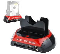 Estación de acoplamiento HDD todo en uno, doble bahía, 2,5 pulgadas, 3,5 pulgadas, eSATA USB 2,0 a disco duro IDE SATA, base de clonación OTB con lector de tarjetas