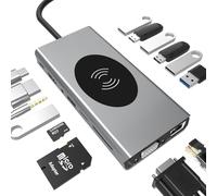Estación de acoplamiento USB-C 15 en 1 con HDMI 4K, cargador de teléfono inalámbrico, para MacBook Pro/Air, Dell, Lenovo, HP, incluye lector de tarjetas VGA, SD/Micro SD/TF, Ethernet, USB-C PD, SUB