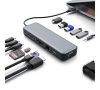Estación de acoplamiento USB C de doble monitor, adaptador multipuerto 14 en 1 con HDMI 4K, VGA, 8 puertos USB C/A, carga rápida PD de 100 W, audio y micrófono, SD y TF compatible con iPhone 16/Mac
