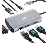 Estación de acoplamiento USB C doble monitor 2 HDMI 7 en 1 USB C Hub adaptador multipuerto USB C a HDMI 4K @60 Hz, VGA, USB, SD/TF, puerto Gigabit Ethernet, tipo C PD 100 W para MacBook Lenovo,