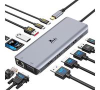 Estación de Acoplamiento USB C Docking Station 3 Monitores 13 en 1 Hub | USB-C Base de conexión 4 Monitore con 2x HDMI 4K, DP 8K, VGA, 3x USB 3.1 10Gbps, 100W PD, Ethernet, SD/microSD para Dell, HP