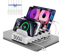 Estación de carga 280W para varios dispositivos, estación de carga USB C 8 puertos Carga rápida para MacBook, iPhone 15, teléfono, iPad, tabletas (6 cables cortos mixtos incluidos) Blanco