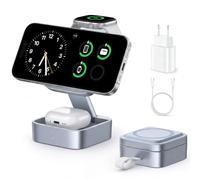 Estación de Carga 3 en 1 para Apple, Cargador inalámbrico magnético Plegable con mag-Safe para Serie iPhone 17e/17/16/15/14/13/12/Air, Watch y AirPods Pro/4/3/2 con Cargador rápido (Plata Azul)