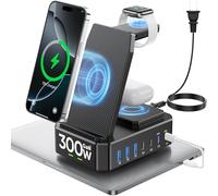 Estación de carga de 300 W para múltiples dispositivos Apple, cargador inalámbrico 10 en 1 para iPhone, GaN III USB C 65W PD base de carga rápida para MacBook, iWatch y Airpods (carga inalámbrica solo