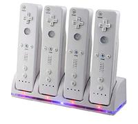 Estación de Carga para Controlador de Wii 4 en 1, Base de Cargador de Controlador, con 4 Baterias de 2800mAh Recargables e Indicadores LED para el Mando Wii, Blanco