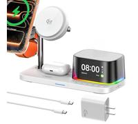 Estación de carga para dispositivo Apple【 Carga rápida de 25 W + ventilador de refrigeración】 Cargador inalámbrico magnético 5 en 1 con altavoz y alarma compatible con MagSafe para iPhone/Watch/AirPod