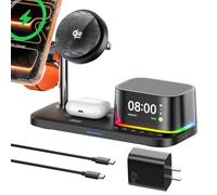 Estación de carga QI2.2 para dispositivo Apple【 Carga rápida de 25 W + ventilador de refrigeración】 Cargador inalámbrico magnético 5 en 1 con altavoz y alarma compatible con iPhone/Watch/AirPod