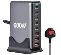 Estación de carga rápida GaN3 de 600 W, bloque de carga multipuerto, 5 puertos USB-C (140 W/100 W/30 W) y 3 puertos USB-A (30 W QC) - Cargador compacto multidispositivo para portátiles, iPhone 15/16